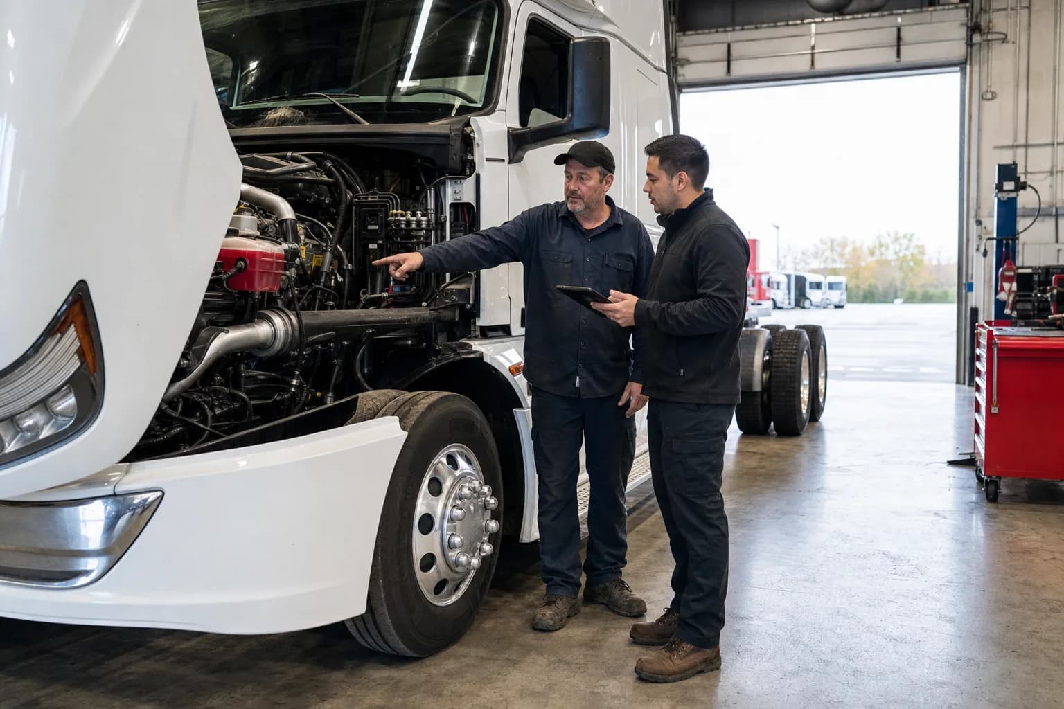 Volvo Truck Sales Kankakee technician and buyer inspecting a truck engine